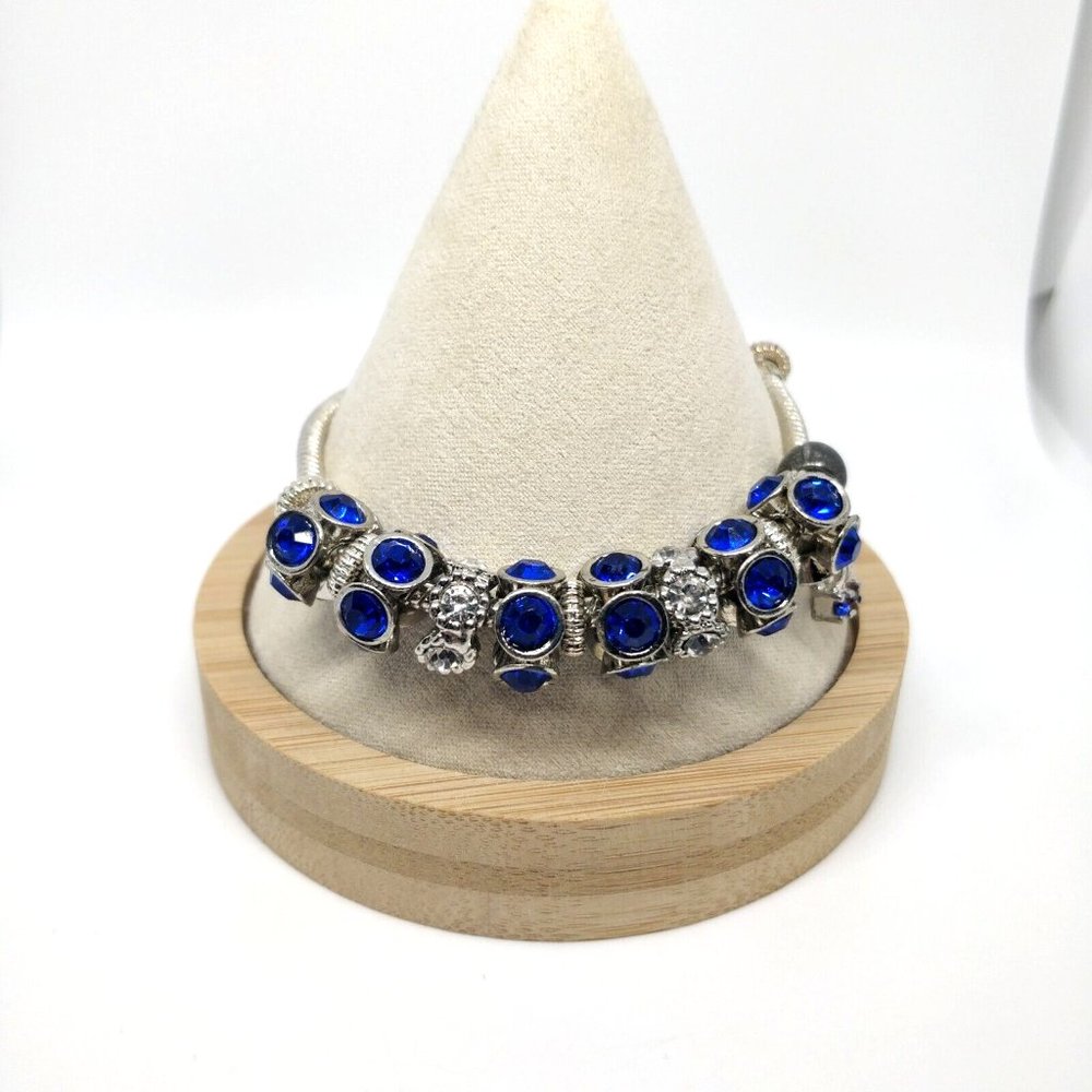 Made With Love Charm Bracelet Barrel Beads Silver Tone Blue Sapphire Rhinestone